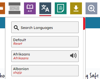 Screen shot of translation languages menu