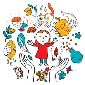 Relaxation graphic of a young girl in a red dress with ginger and small illustrations around her of hands holding lemons, flowers, a laughing cat, bag of seeds and a feather.